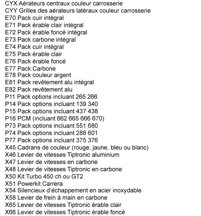 Codes Options Porsche 996